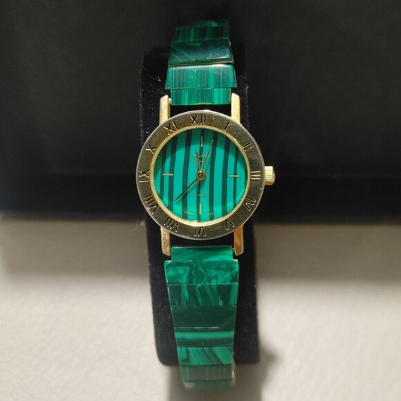 Michelle Louise Wristwatch Malachite Vintage Style Roman Numeral Gold Tone Bezel - Picture 3 of 9